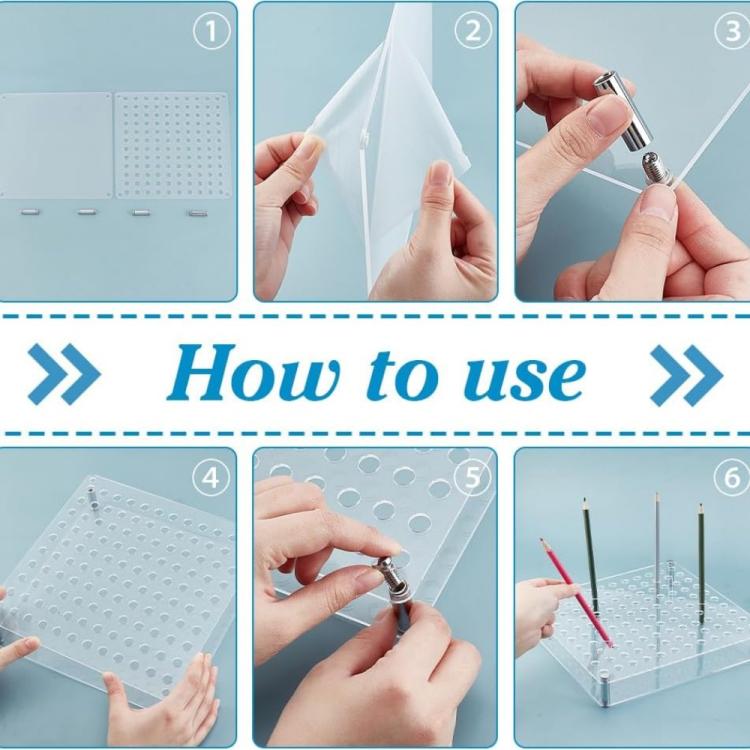 Acrylic 120-hole organizer steps for inserting pens into the hole grid