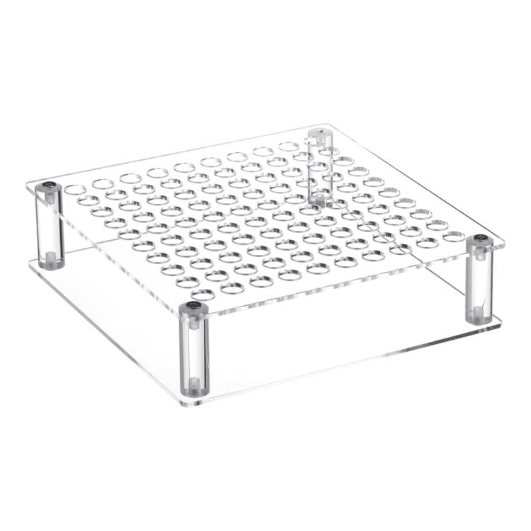 Clear acrylic pen and paintbrush holder with grid of holes and upright cylinder dividers