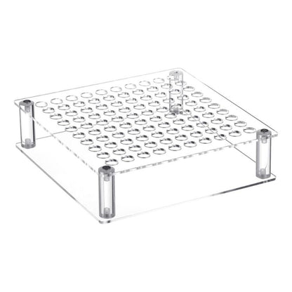 Clear acrylic pen and paintbrush holder with grid of holes and upright cylinder dividers