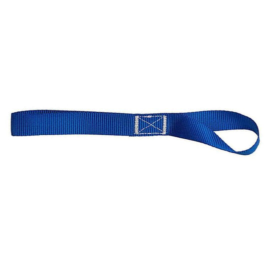 Blue cross-woven luggage strap with square cross-stitch and loop end