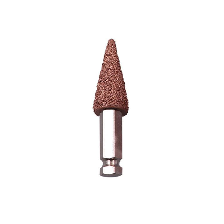 Tire tread grinding head repair tool with cone abrasive tip and metal shank