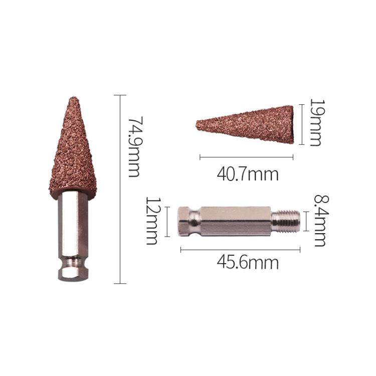 Tire tread grinding head repair tool with cone abrasive tip, sized diagram view