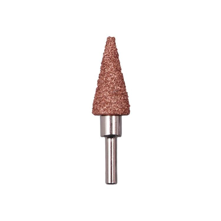 Tire tread grinding head repair tool with upright cone abrasive tip and metal holder