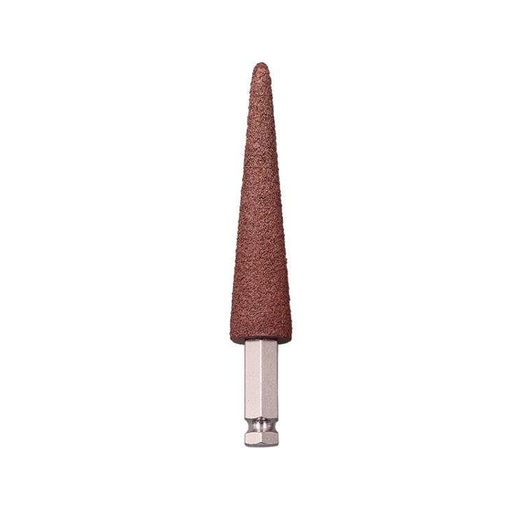 Tire tread grinding head repair tool with tall cone abrasive tip and metal shank