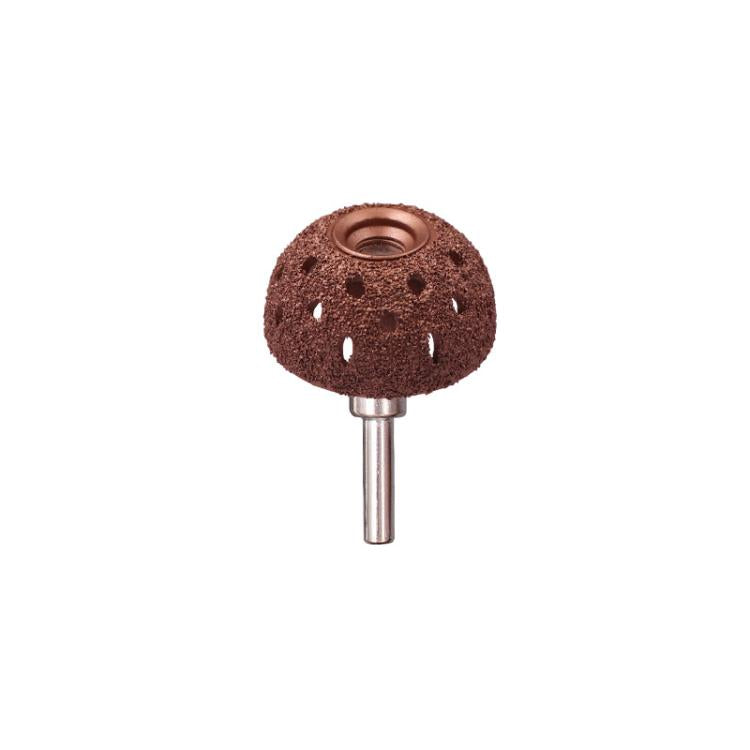 Tire tread grinding head repair tool with round abrasive bowl, open center, metal stem