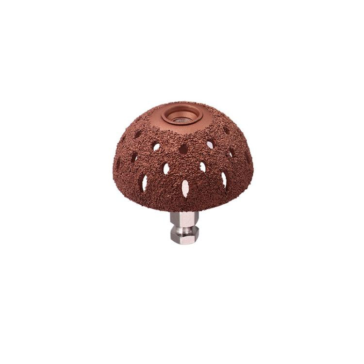Tire tread grinding head repair tool with round abrasive bowl, vent cutouts, metal base