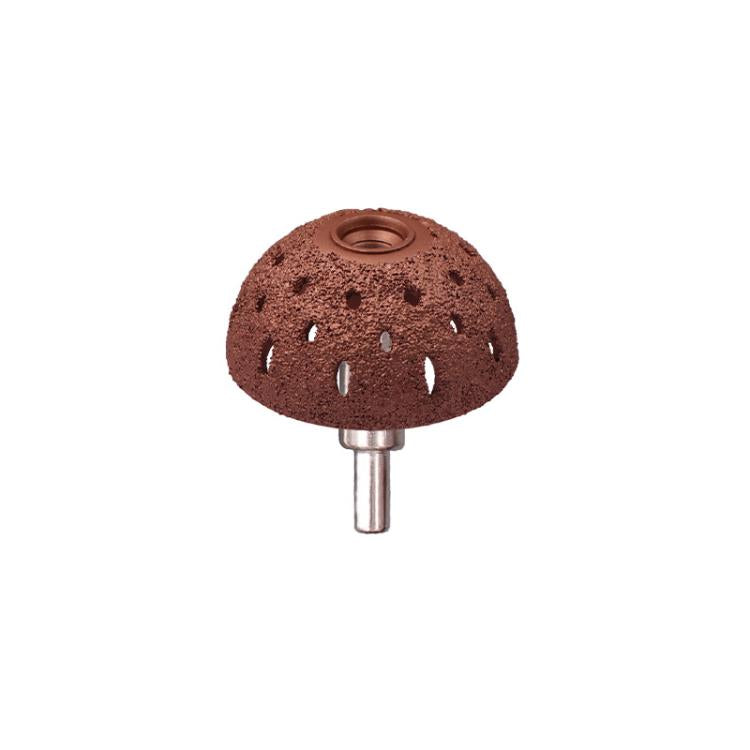 Brown abrasive tire grinding head with metal pin, dome shape with ventilation holes