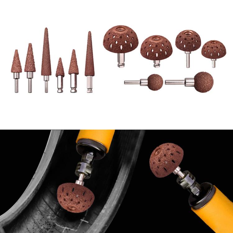 Set of brown abrasive tire grinding heads with metal rods, various cone and dome shapes