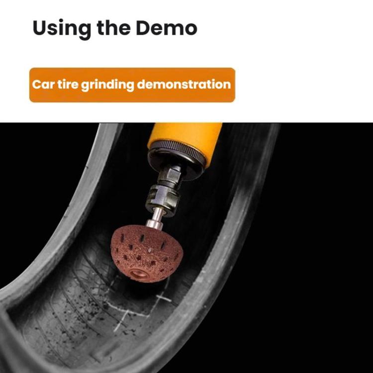 Tire grinding head for repair, brown abrasive disc mounted on metal rod in tread