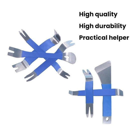 Car door trim removal clips set, blue and silver metal pieces, grouped and single clip