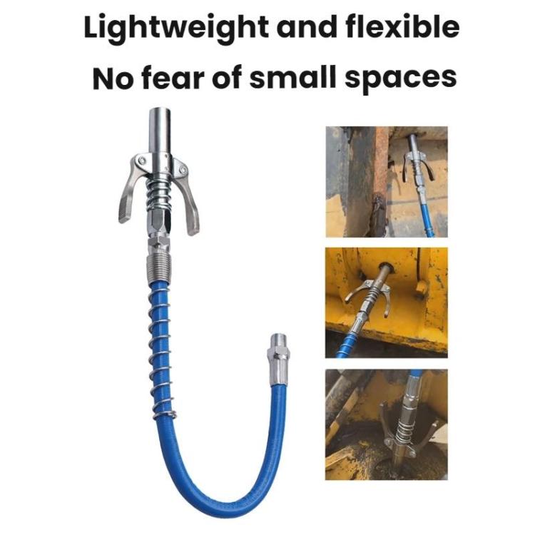 Grease nozzle pliers with attached flexible hose for reaching tight spaces