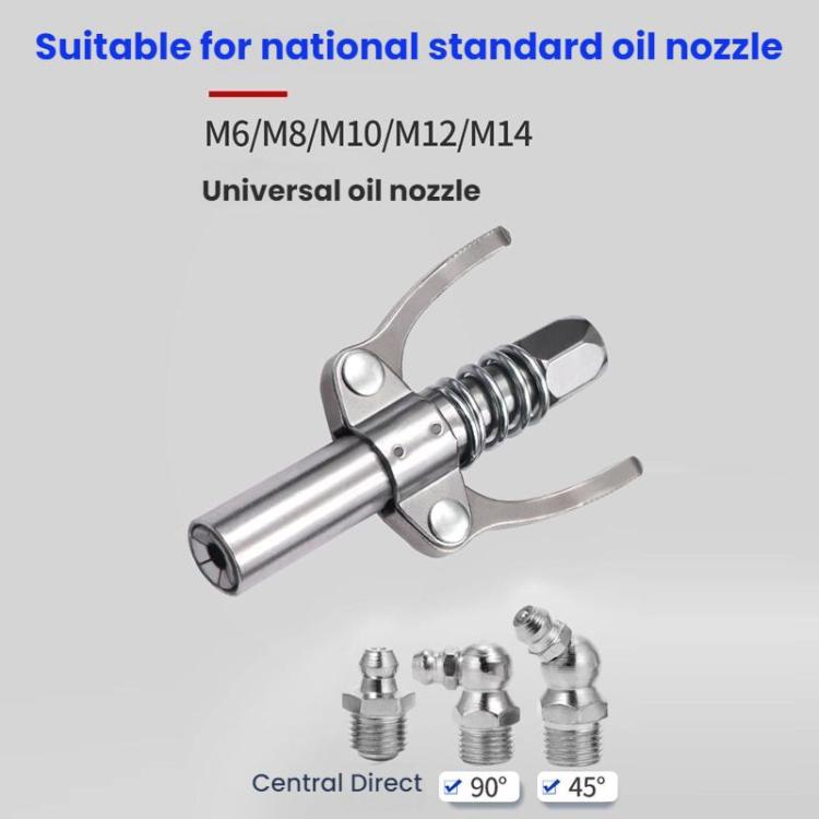 Universal grease nozzle pliers with threaded outlet and multi-size nozzle adapters