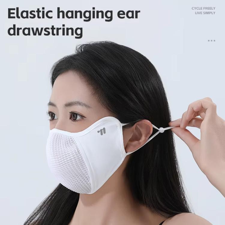 White face mask with mesh panel and hanging ear strap drawcord