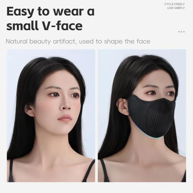 Black face mask showing front coverage for small V-shaped face fit