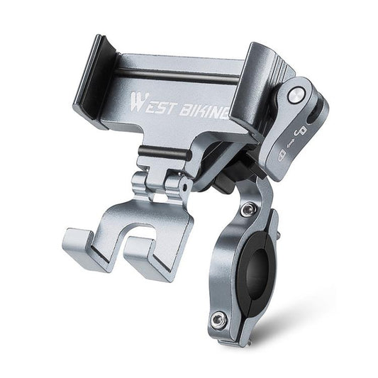 Bicycle phone mount with silver bracket and black phone holder cradle for handlebars
