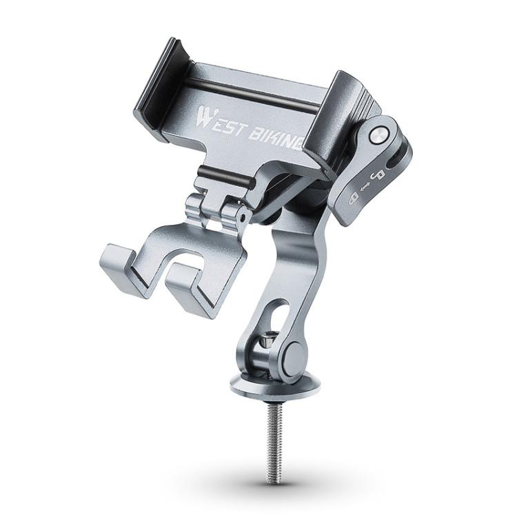 Bicycle phone mount with silver clamp and black cradle with anti-shake bumper