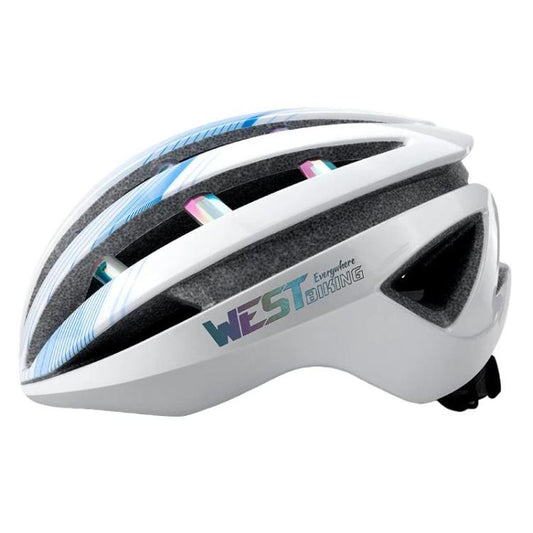 White road cycling safety helmet with blue and colorful graphic panel