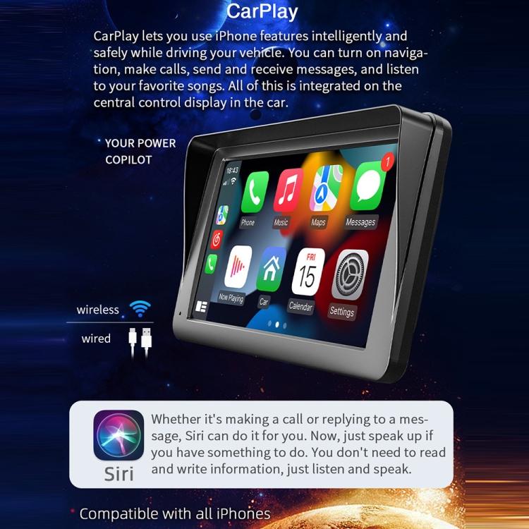 Wireless car multimedia player with 7-inch touch screen displaying CarPlay-style icons