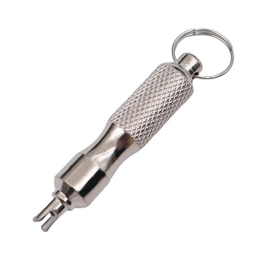 Metal valve core wrench with textured grip and key ring, dual-prong tip