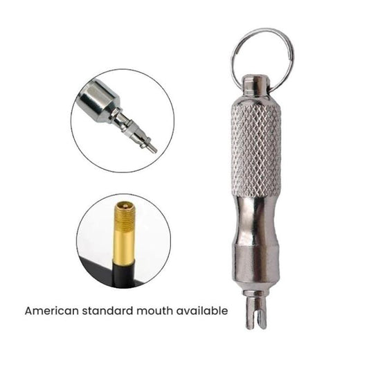 Metal valve core wrench with key ring and threaded tip, shown with close-up