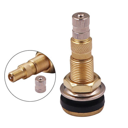 Brass agricultural tire valve stem with copper-toned insert and rubber base ring