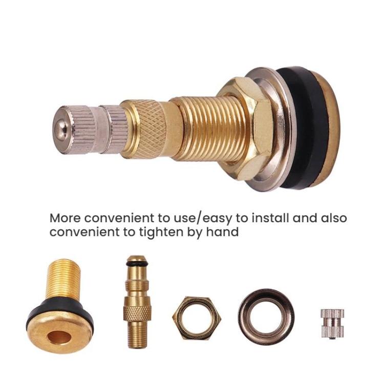 Agricultural tire valve inflator set with metal stems, O-rings, and black rubber seals