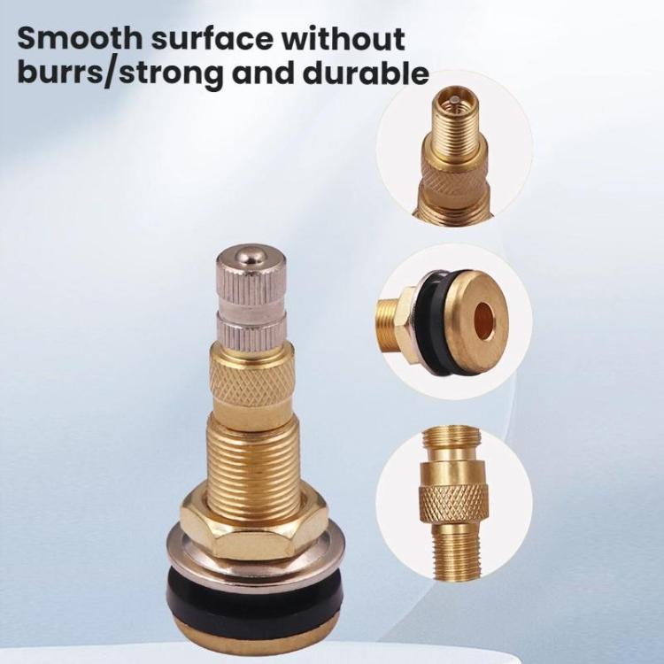 Brass tire valve stem with knurled grip and black rubber sealing ring