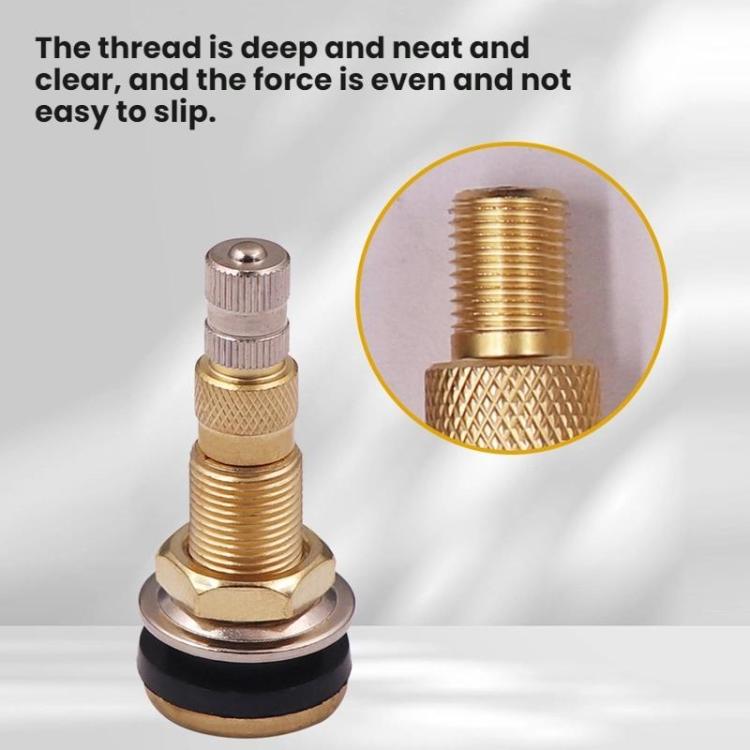 Brass tire valve stem with deep threaded metal shaft, knurled grip, and rubber base