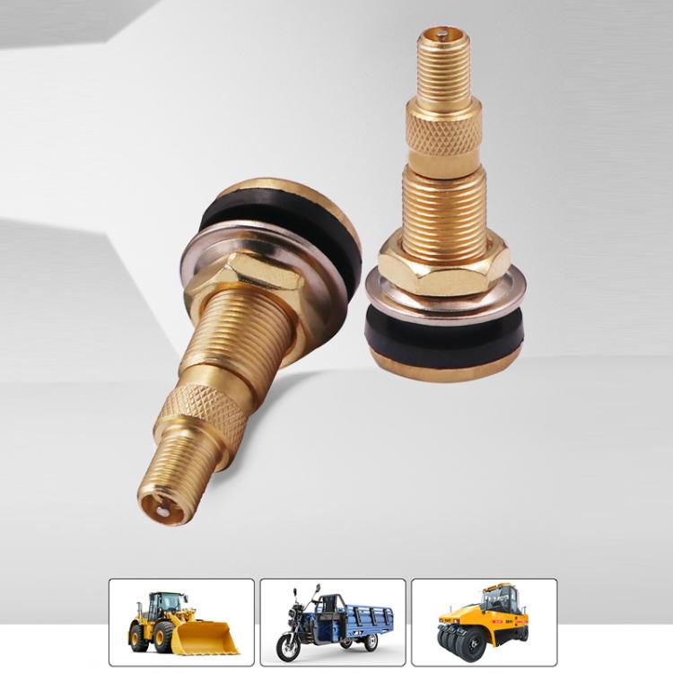 Pair of agricultural tire valves with threaded metal bodies and black rubber gaskets