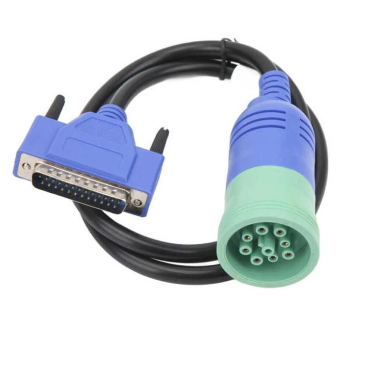Diagnostic cable with blue DB-style connector and green multi-pin adapter plug