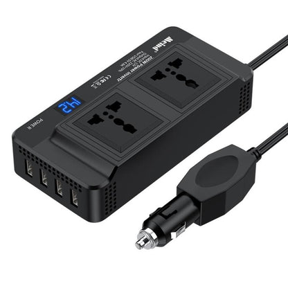 Black dual-socket car power inverter with two AC outlets and attached DC plug cables