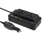 Black car inverter viewed from side with two AC outlets, power display, and DC plug