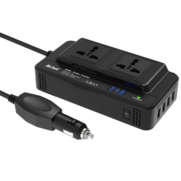 Black car inverter viewed from side with two AC outlets, power display, and DC plug