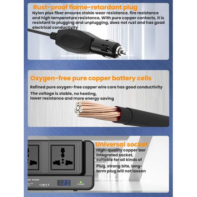 Car inverter cable with black DC plug and molded connector, showing durability design