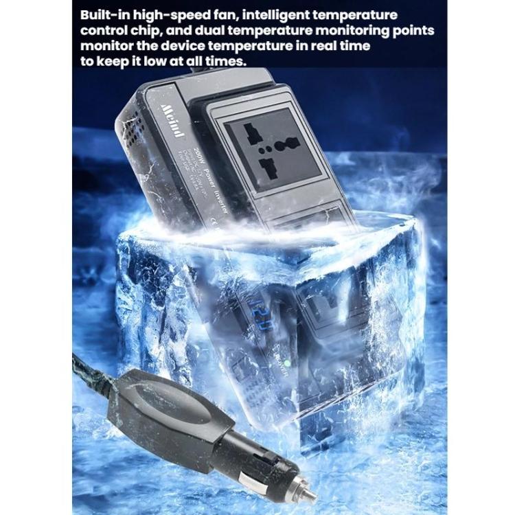 Black car inverter with dual outlets shown against ice-style protective water effect background