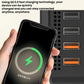 Car inverter charging phone with QC-style fast-charge icon and USB charging ports