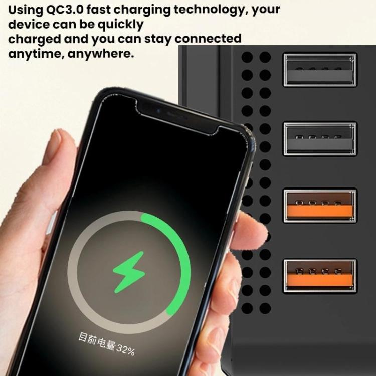 Car inverter charging phone with QC-style fast-charge icon and USB charging ports