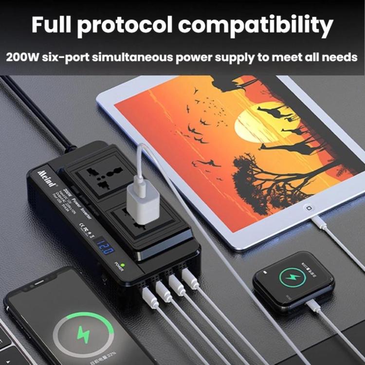 Car power inverter charging tablet and phone with multiple connected devices and cables