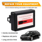 Black steering lock emulator with mounting clip, red-and-white front label
