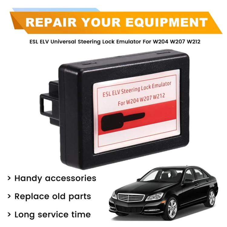 Black steering lock emulator with mounting clip, red-and-white front label