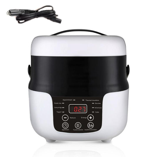 Car-mounted 2L rice cooker with white/black body, red digital display, push buttons