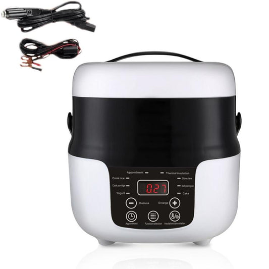 Car-mounted 2L rice cooker front view, white/black body with red digital display