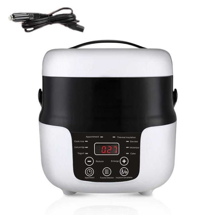 Car-mounted 2L rice cooker with cable, white/black body and control panel with red display