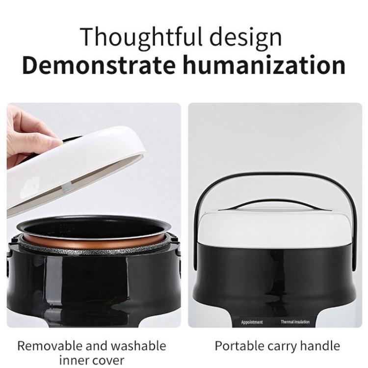 Car rice cooker with removable top and portable carry handle on white/black body