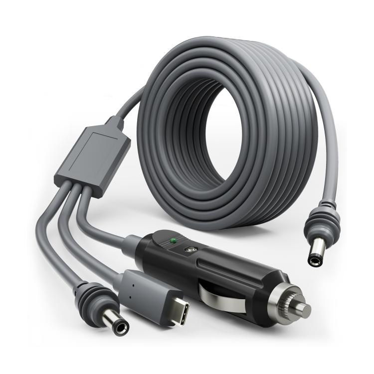 3-in-1 Type-C to DC car charger cable coil with Type-C, USB, and DC cigarette-lighter end