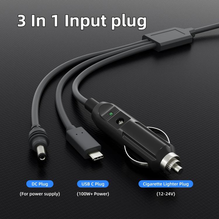 3-in-1 Type-C to DC car charger cable with Type-C, USB, and cigarette-lighter plug ends