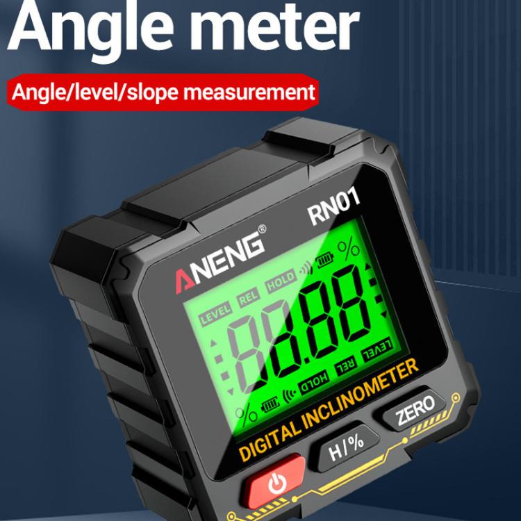 ANENG RN01 angle meter with tilted view, green LCD and black magnet-style body
