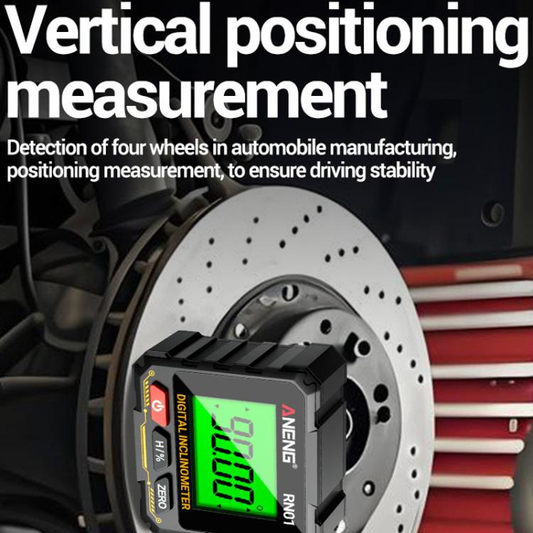 ANENG RN01 digital inclinometer attached near a vehicle wheel with green LCD readout