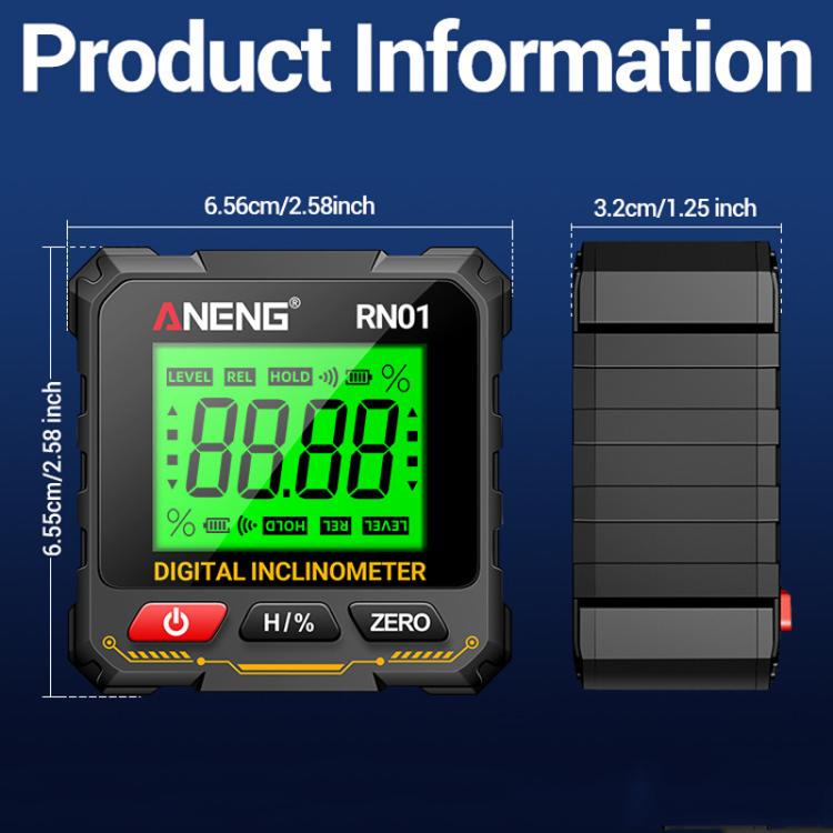 ANENG RN01 digital inclinometer with dimensions diagram, green LCD and black body