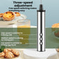 Three-speed handheld electric milk frother with stainless steel body and buttons